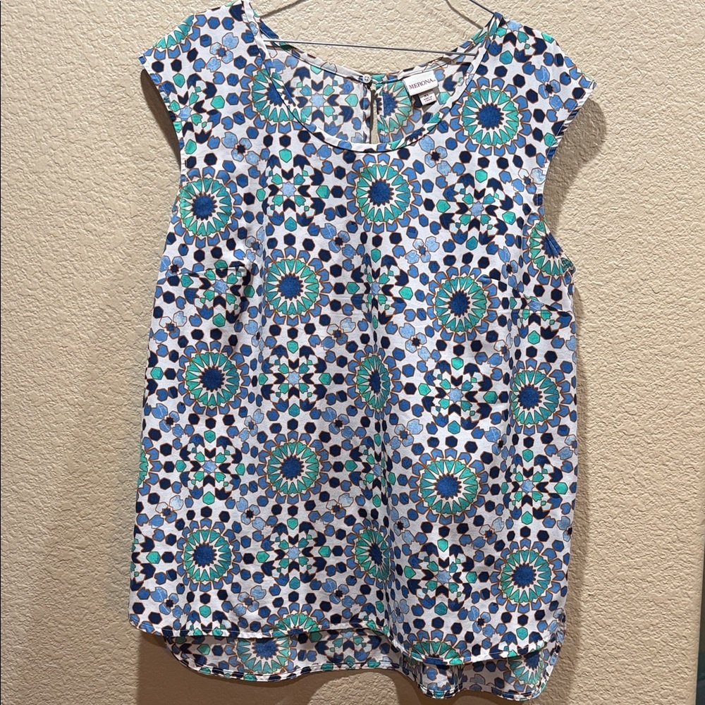 Merona Geometric Blue and Green Top